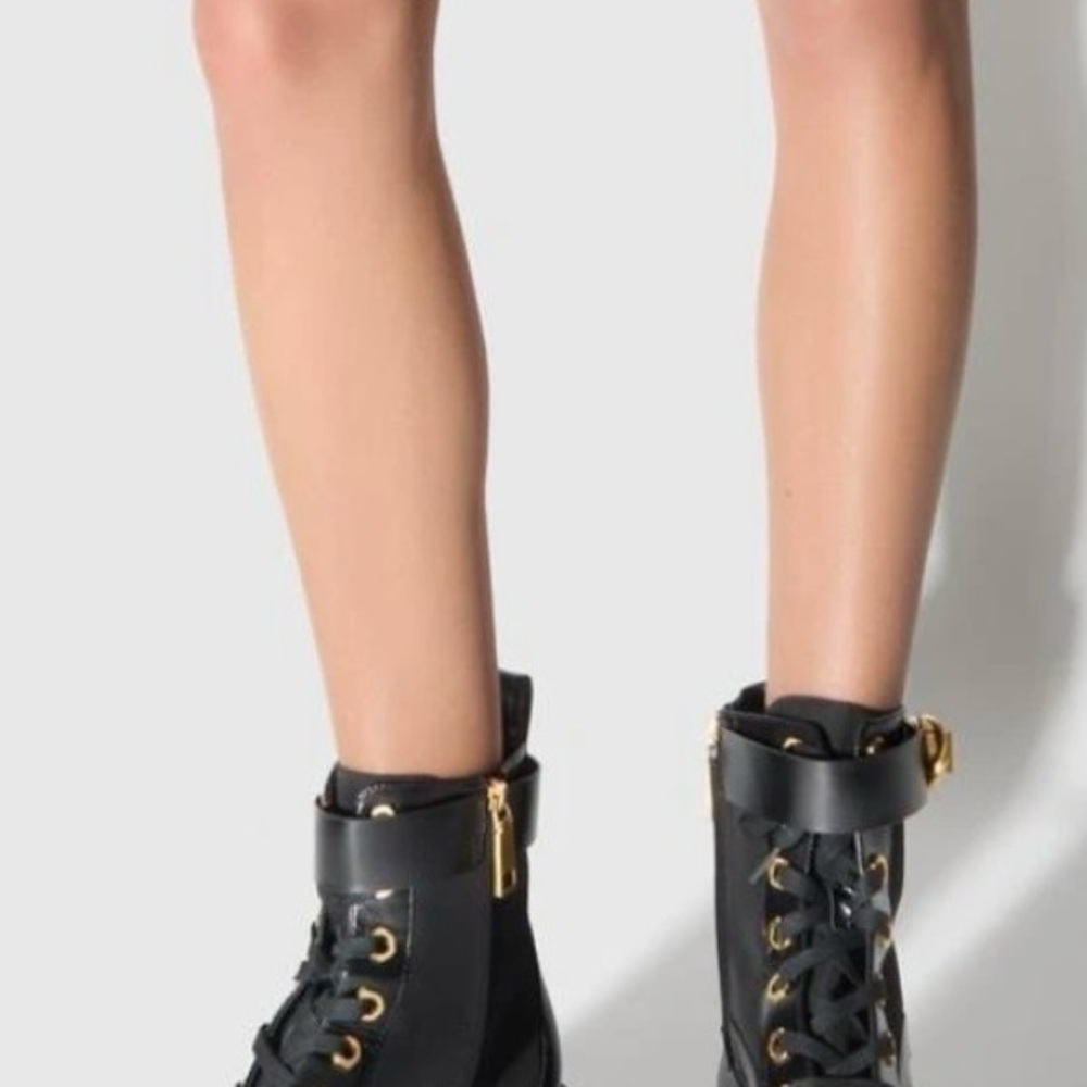 Rebecca Minkoff Black Lace-Up Combat Boots with Gold Accents